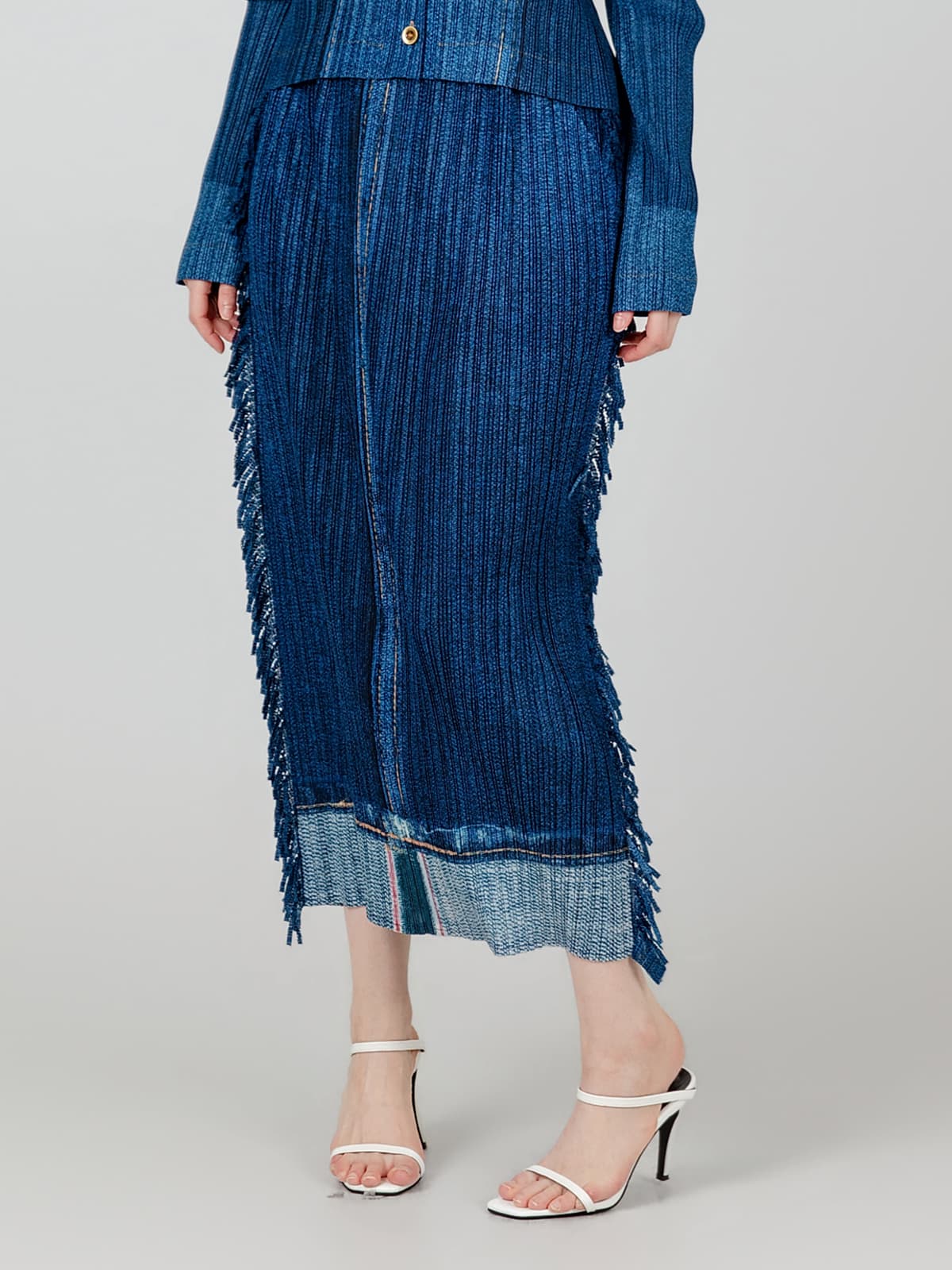 옆프릴 일자데님 플리츠 스커트