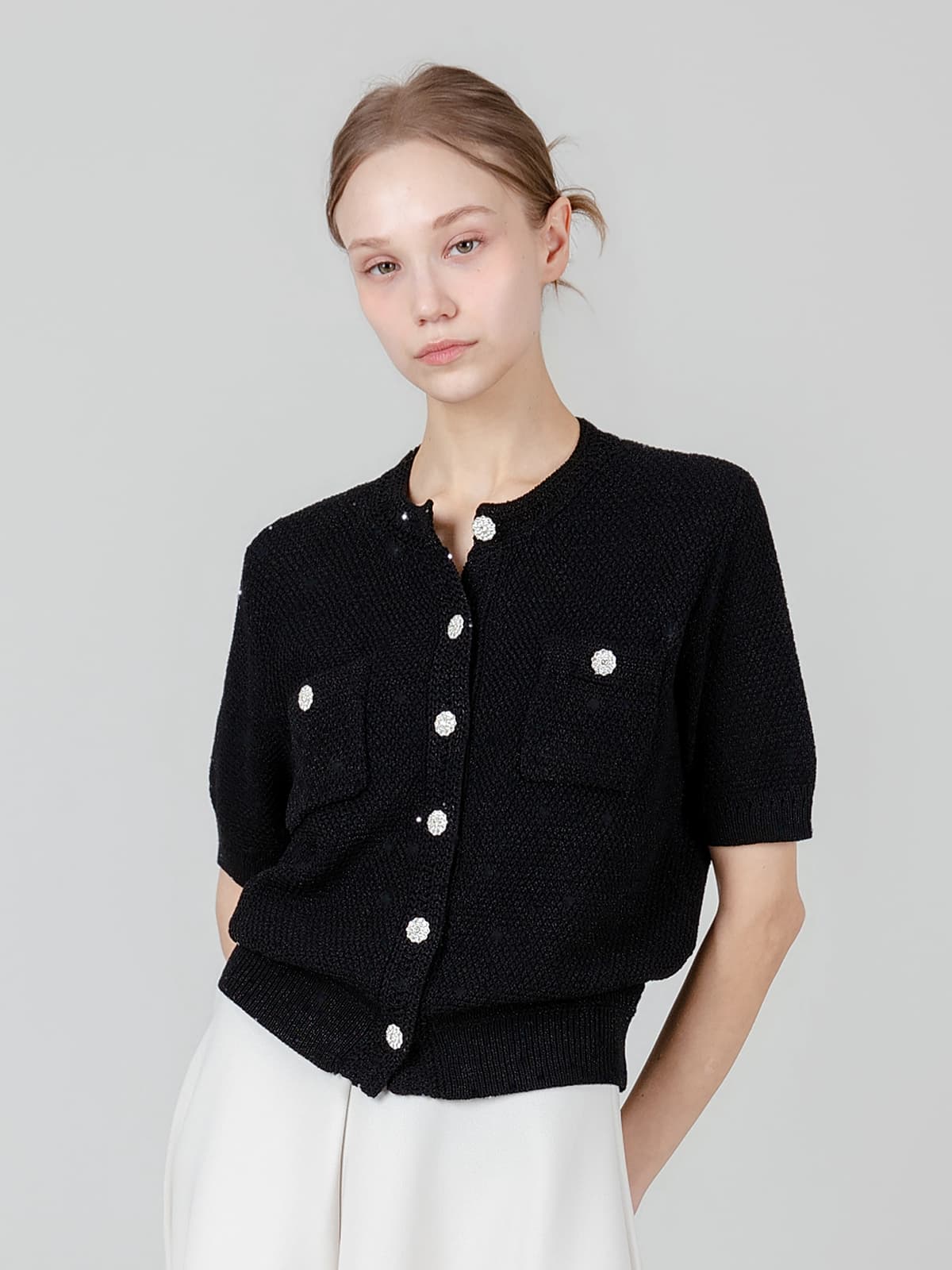 지젤 포켓 글리터 니트 가디건